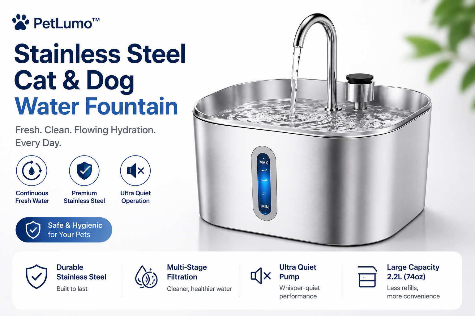 PetLumo™ Stainless Steel Cat & Dog Water Fountain