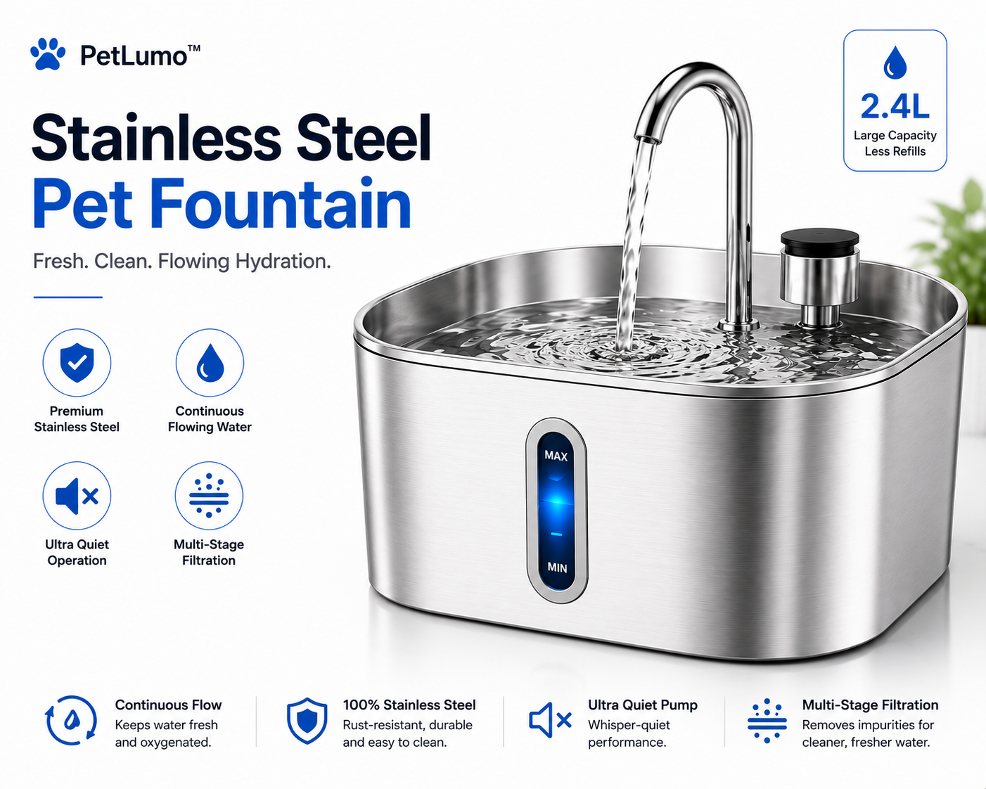 PetLumo™ Stainless Steel Cat & Dog Water Fountain